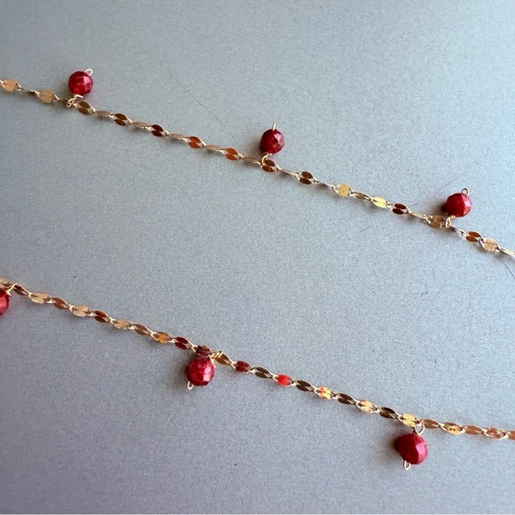 14k Gold Natural Ruby Faceted Beaded Chain Necklace & Stretchable Ring Set - Picture 5 of 12